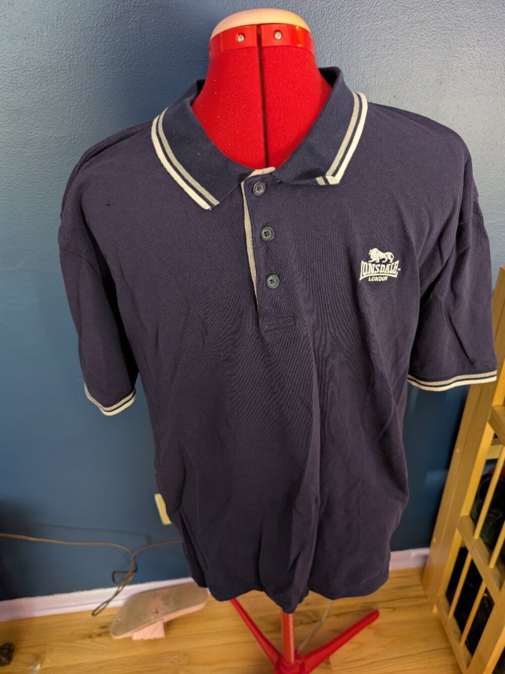 Lonsdale Navy Blue and White Polo Shirt Punk Oi Skinhead sz XL